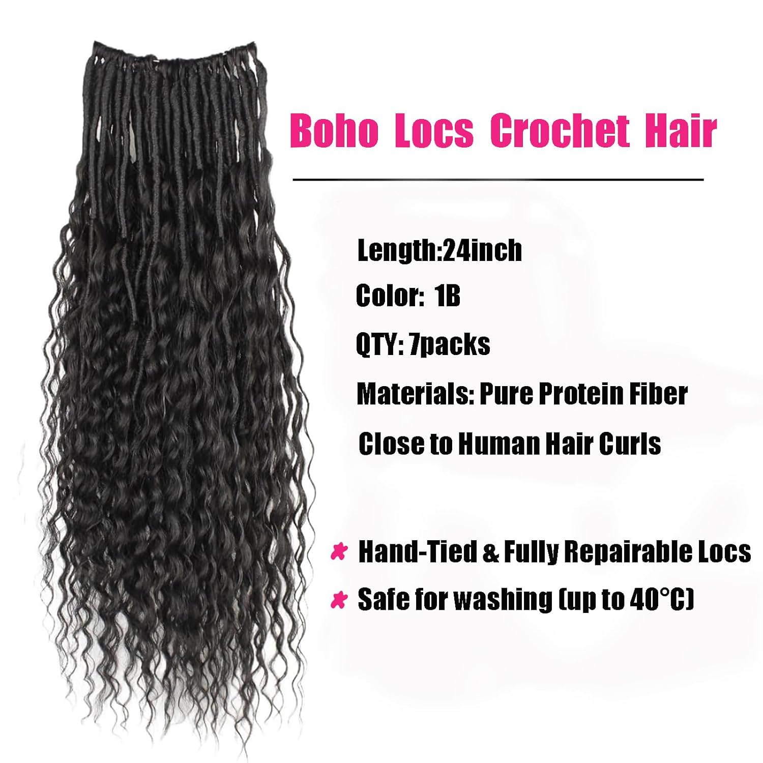 Boho Faux Locs 24 Inch Pre-Looped Crochet Hair with Curly Protein Fiber for Women - Image 5