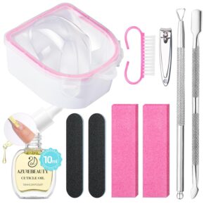 AZUREBEAUTY Nail Soaking Bowl, Soak Off Dip Powder Gel Polish Remover, Manicure Bowl for Hand with 15ml Cuticle Oil Cuticle Remover Tools, Nail Brush, Cuticle Pusher, Cuticle Peeler, Nail File Buffer