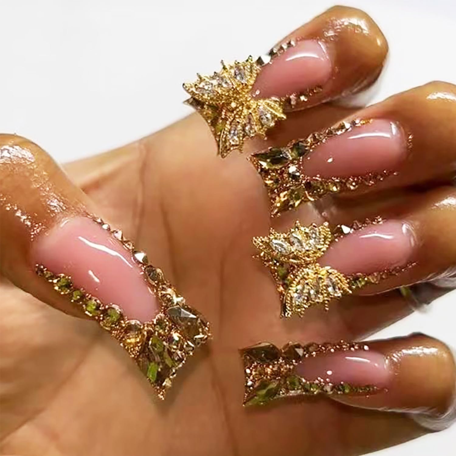 Gold French Tip Press On Nails with Rhinestones Butterfly Design 24 Pcs Long Square - Image 2