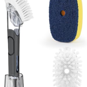 AJXX Dish Brush with Soap Dispenser Storage Set, Dish Soap Brush with 2 PCS Brush Heads & Holder, Soap Dispenser Brush with Handle, Dish Brush with Soap Dispenser, for Utensils, Pans, Sinks, Cookware