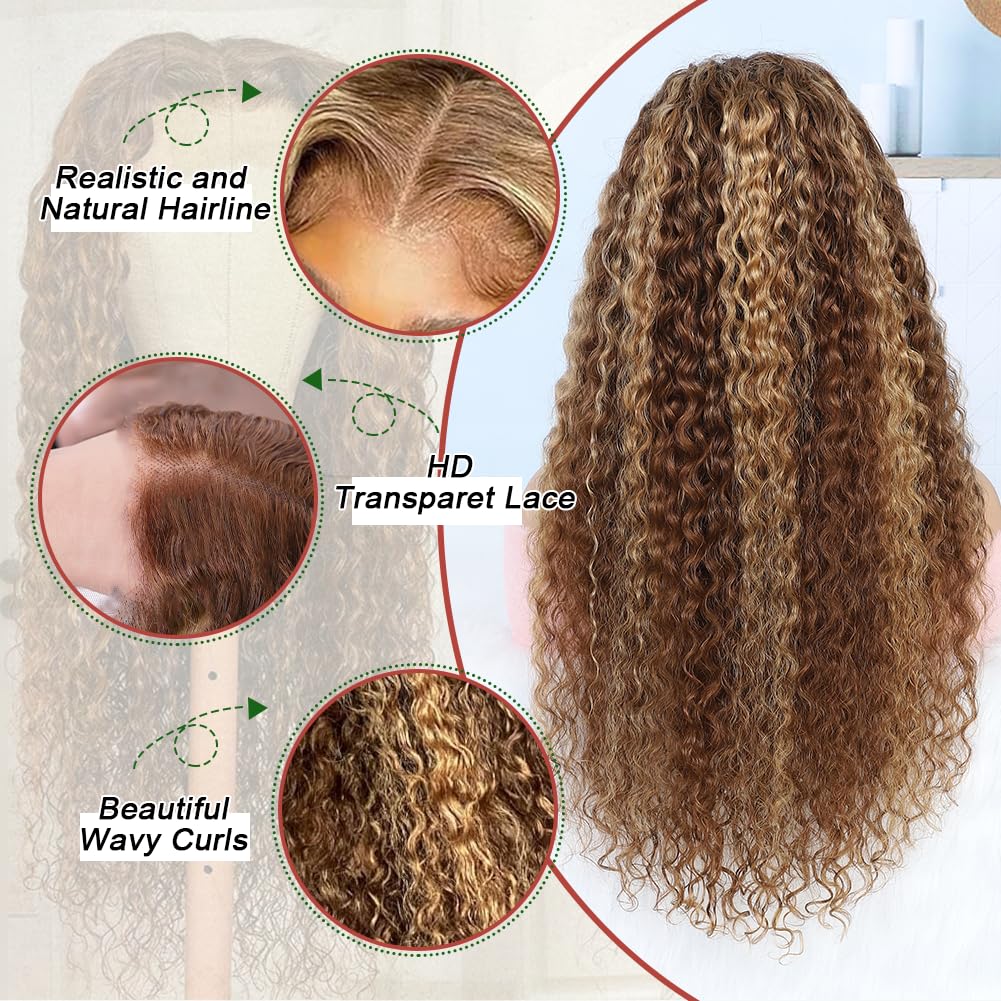 Azibo 26" Honey Blonde Water Wave Ombre 4/27 Highlights HD Lace Front Human Hair Wig 200 Density - Image 3