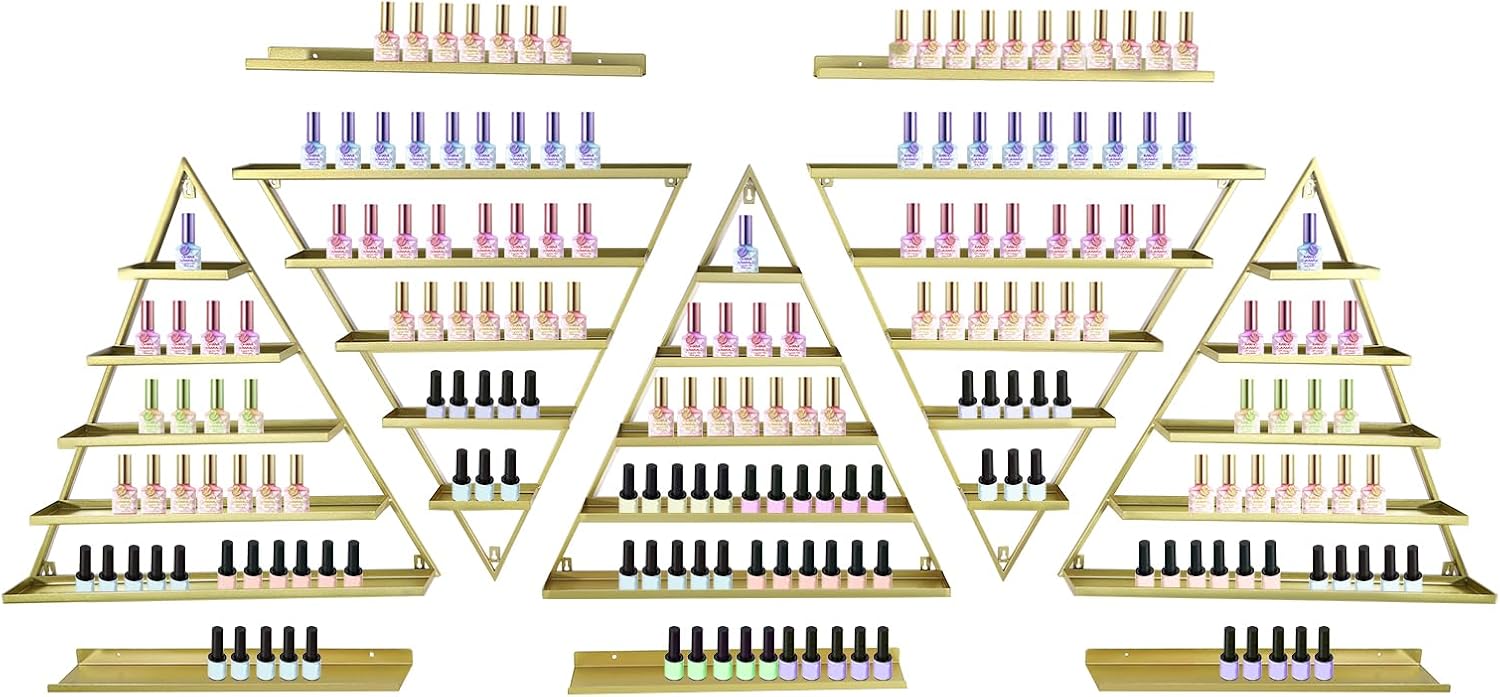 10PCS Wall-Mounted Nail Polish Storage Racks, 5 Tiers Storage Racks, Triangular Nail Polish Cosmetic Display Cases, Metal Essential Oils Holder Makeup Organizer Lipstick Perfume Shelf (Glod)