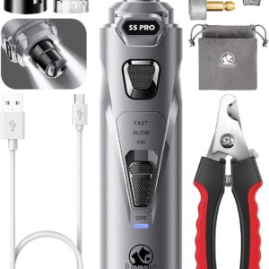 Dog Nail Grinder with 2 LED Lights Powerful 2 Speeds Super Quiet Dog Nail Trimmers with 3 Grinding Wheels Rechargeable Pet Dog Nail Clippers for Large Medium Puppy Dogs Dog Nail File Cat Nail Clipper