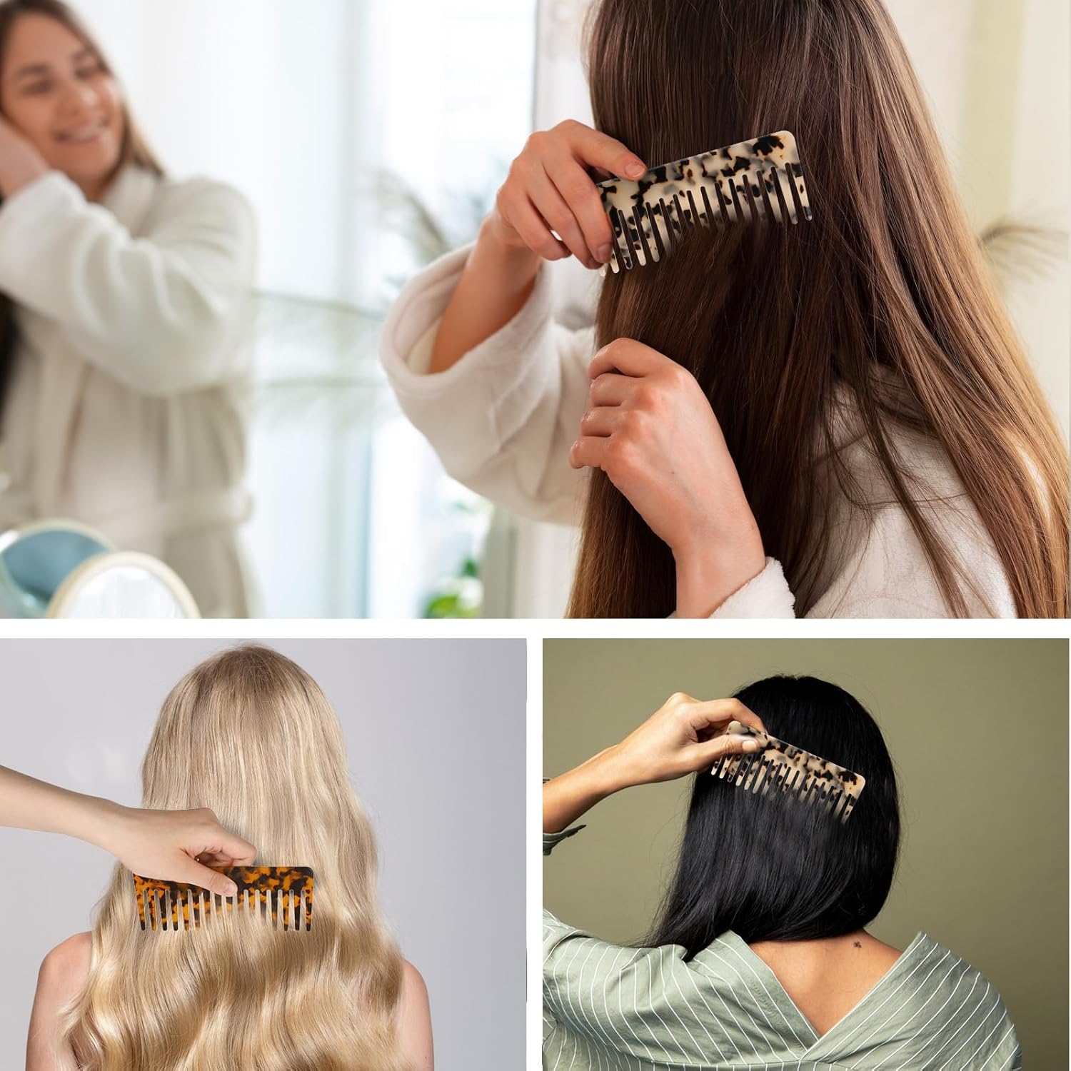 Cellulose Wide Tooth Comb Set 6-Inch Detangling Combs for Curly Thick Hair 2 Piece Tortoise Shell Ivory - Image 6