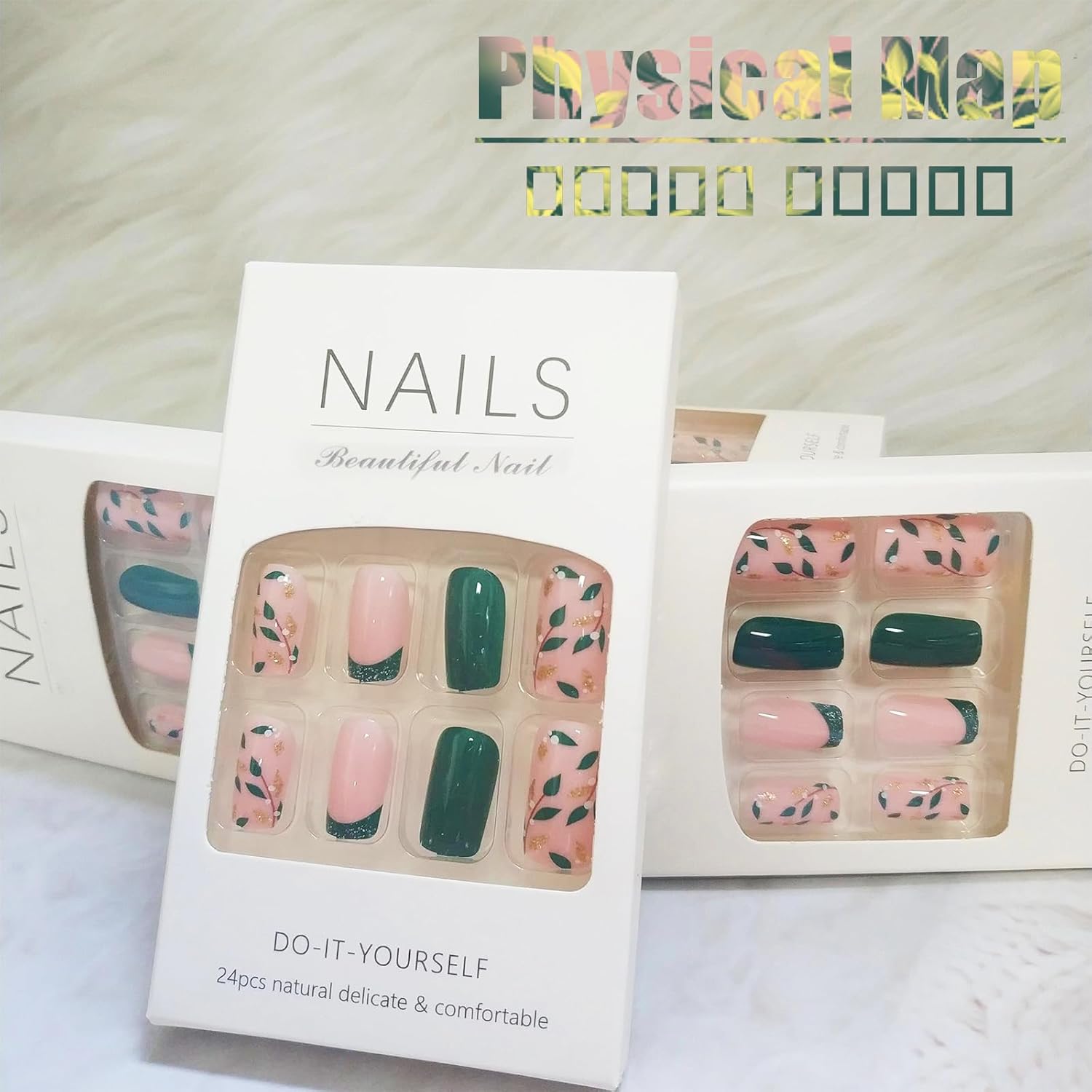24Pcs Short Coffin Press on Nails with Sparkly Leaves Design for Women and Girls - Image 5