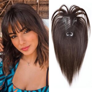 Hair Toppers for Women Real Human Hair, 360° 3D Cover French Fake Clip in Bangs Hair Extensions (Dark Brown)