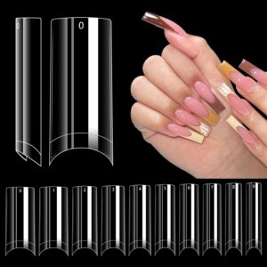 LIONVISON 500PCS No C Curve Nail Tips, Long Square Half Cover Artificial Nails, 10 Sizes Straight French Clear Fake Tips for Acrylic Professional Nail Art Salon