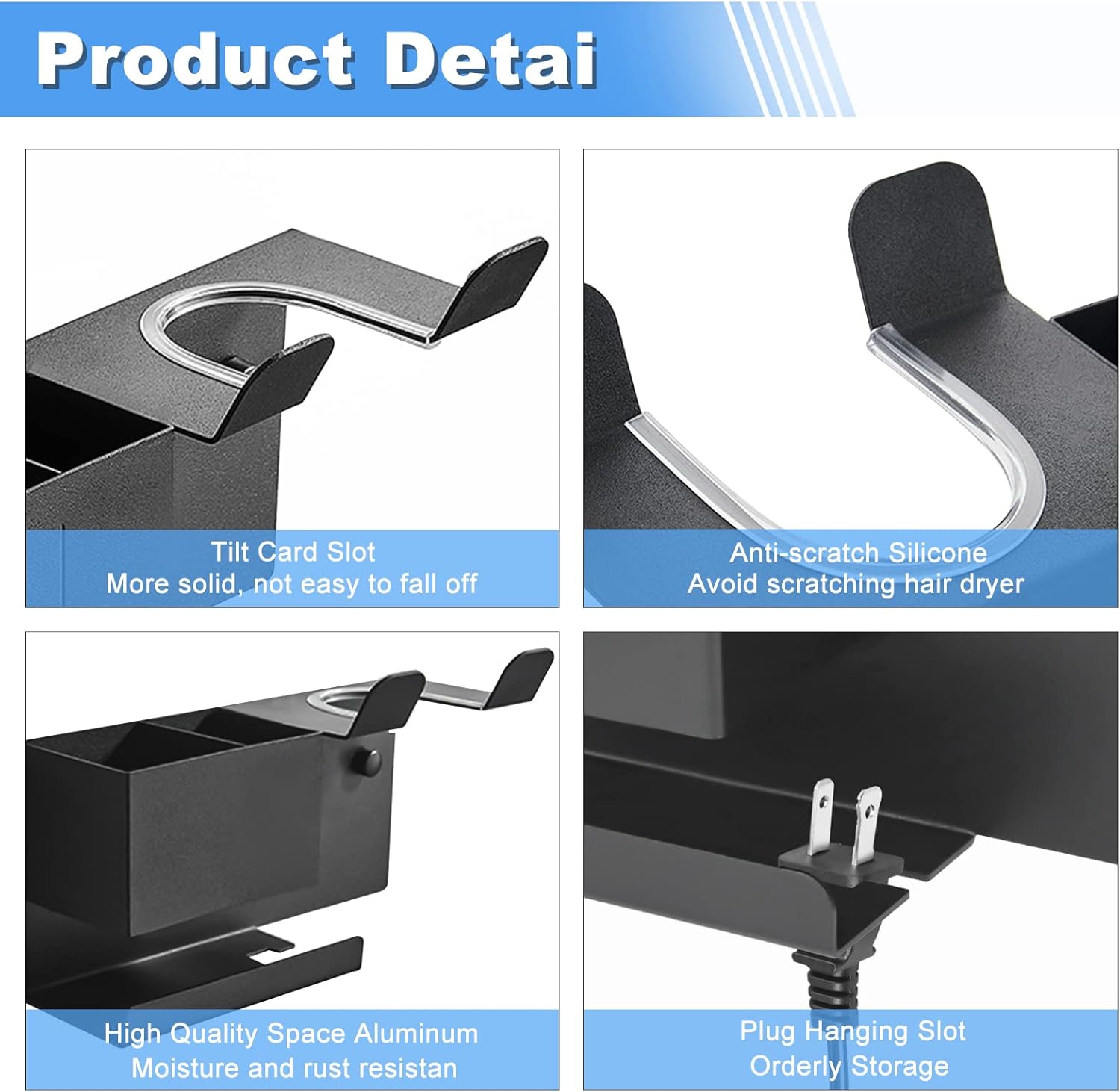 SHAIDOJIO Aluminum Alloy Wall Mount Blow Dryer Holder with Plug Hook organizer - Image 3