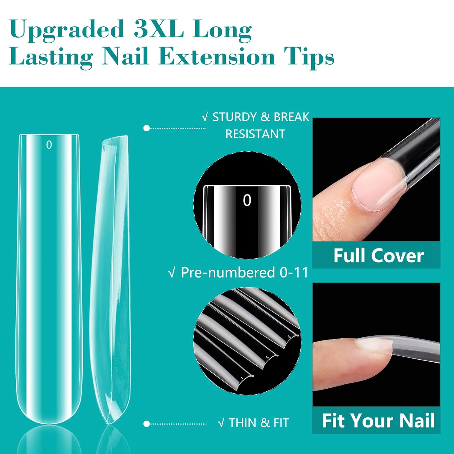 LIONVISON 240PCS Extra Long Clear Full Cover Nail Tips XL Tapered Square 12 Sizes for DIY and Salons - Image 2
