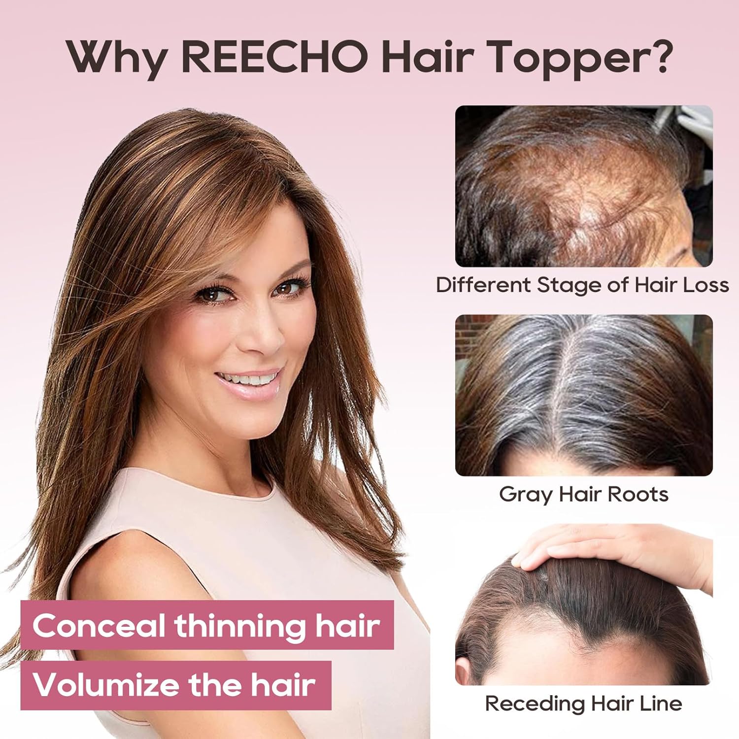 RECHO 360° Seamless Human Hair Topper with Bangs, Gray, 10" x 10" - Image 7