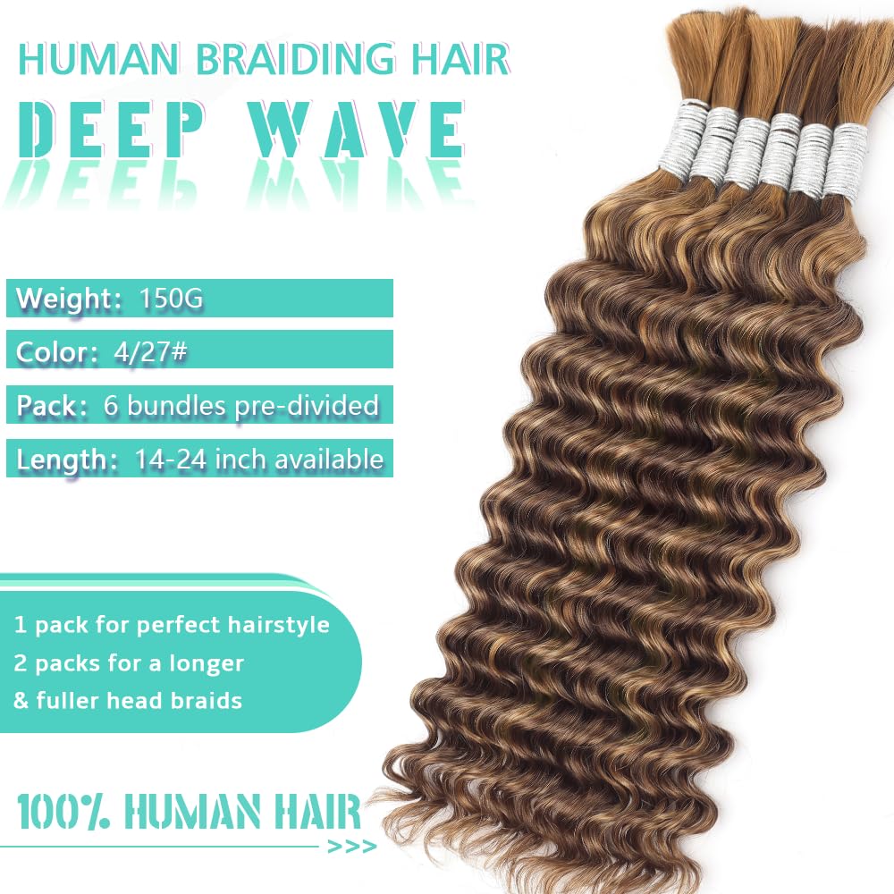 Deep Wave Ombre Braiding Human Hair Bulk Extensions 16 Inch 6 Bundles 150g - Image 2