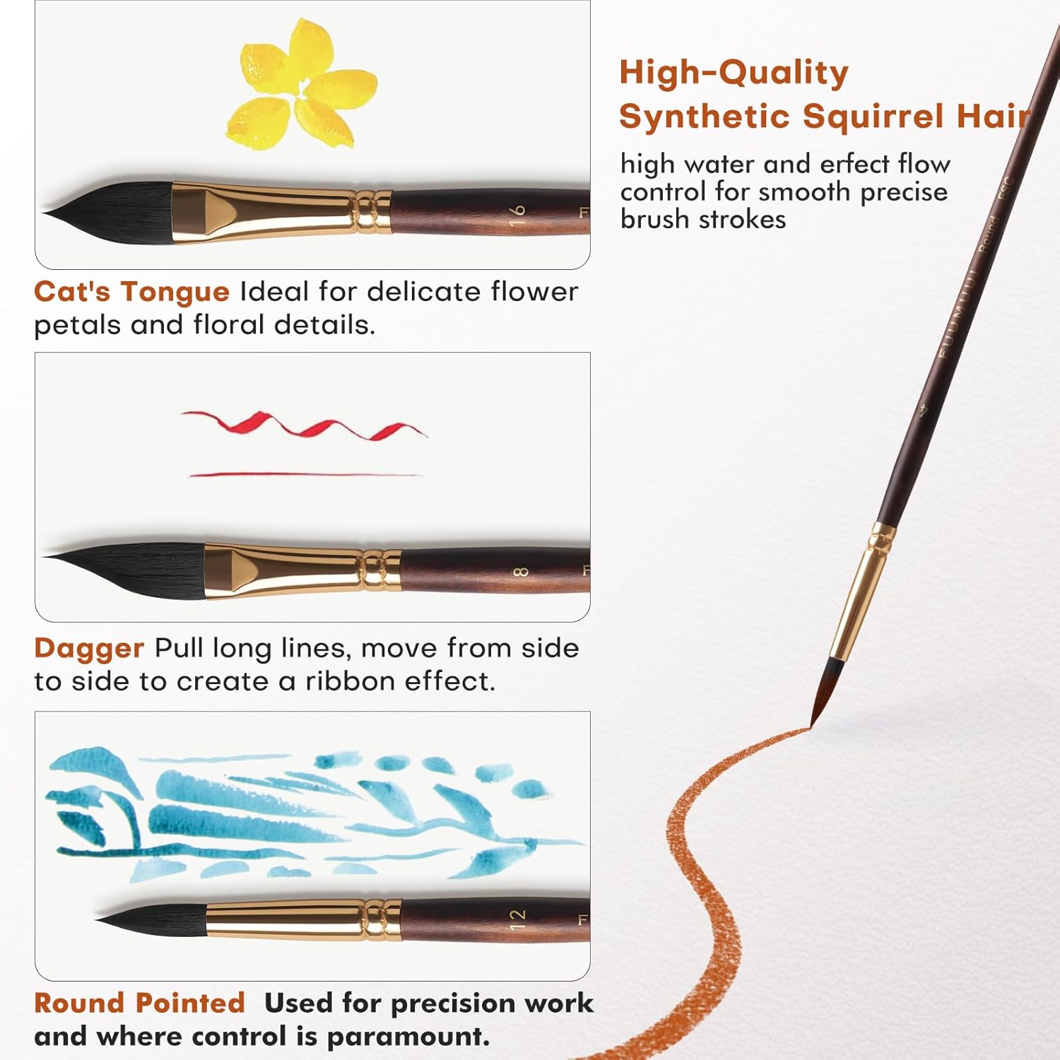 Fuumuui 10-Piece Professional Squirrel Hair Watercolor Brush Set for Artists - Image 6
