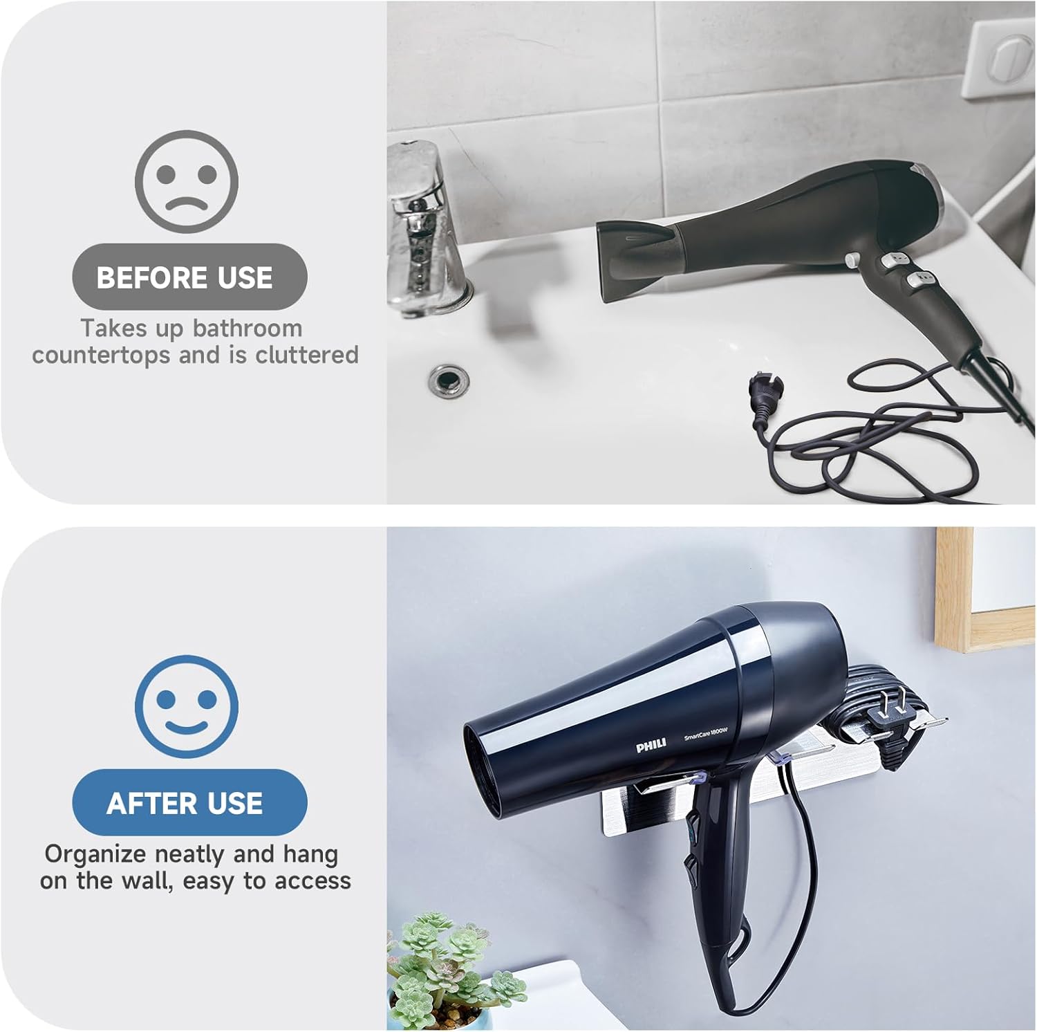 SUS 304 Stainless Steel Wall Mount Hair Dryer Holder with Self Adhesive Plug Hooks for Bathroom - Image 8