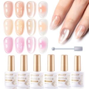 GELLEN Gel Nail Polish Set, 6PCS Jelly Gel Polish Nude Pink Set, Soak off Glitter U V Nail Kit, Clear Cat Eye Blooming Gel Polish