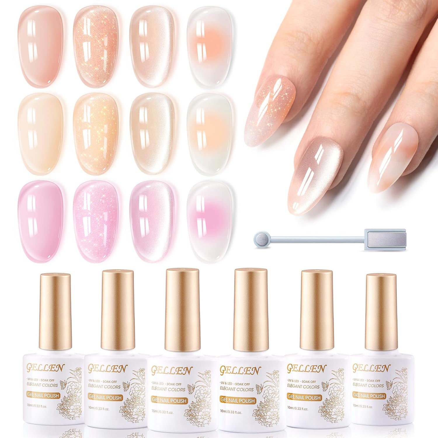 GELLEN Gel Nail Polish Set, 6PCS Jelly Gel Polish Nude Pink Set, Soak off Glitter U V Nail Kit, Clear Cat Eye Blooming Gel Polish