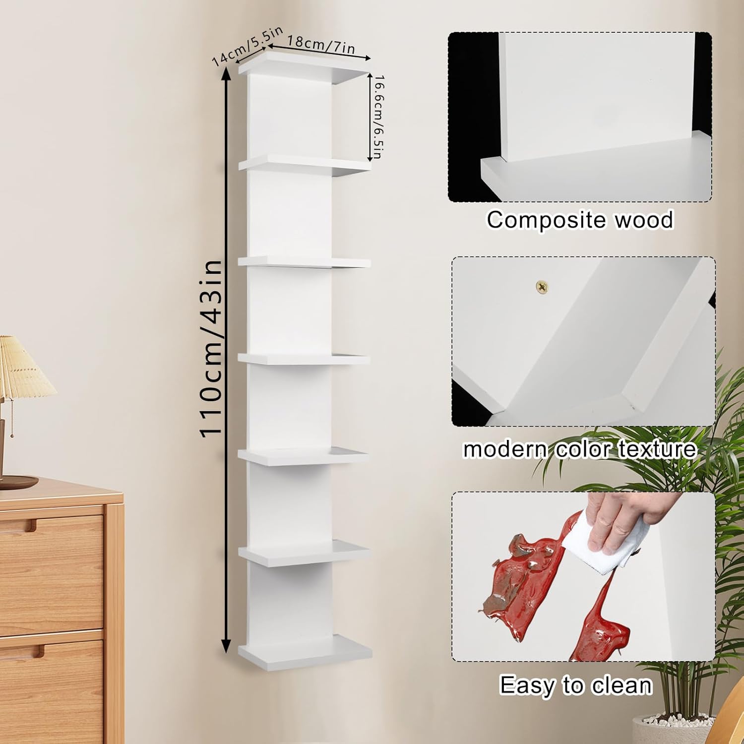 2 Pack 43 Inch 7 Tier Floating Wall Shelf for Compact Display and Storage - Image 3