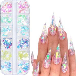 Iridescent Glitter Nail Art Sequins, Holographic 3D Irregular Ultra Thin Nail Art Glitter Flakes Design, Shiny Mermaid Transparent Nail Glitter Slices Supplies for Women Girls Manicure Decorations