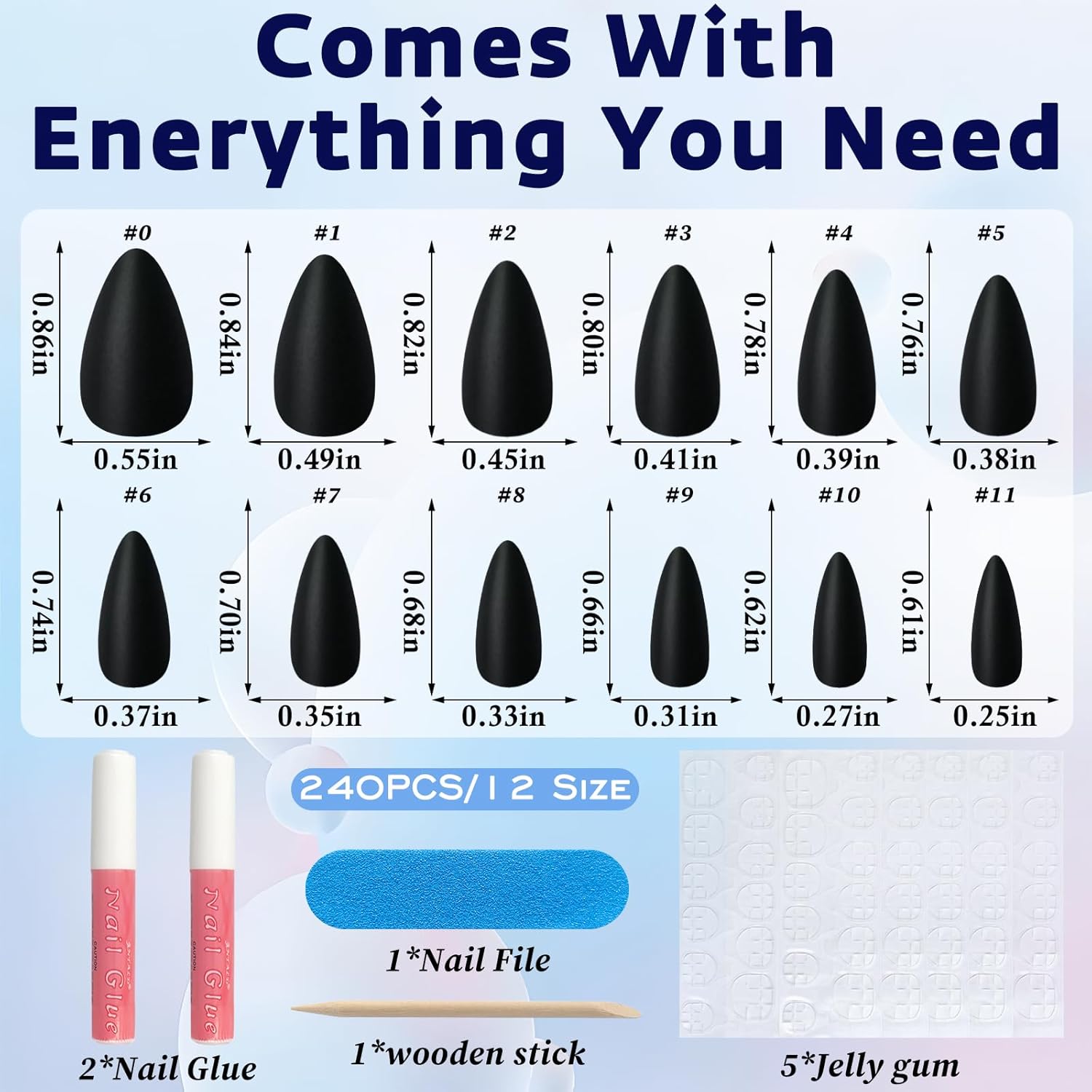 240pc Almond Matte Black Press On Fake Nails Kit for Women & Girls - Image 3
