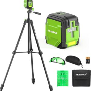 Laser Level with 60in Tripod, HUEPAR 98Ft Self Leveling Laser Level Green Line Laser Cross Line Laser Leveler Tool for Picture Hanging, Tile, Home Renovation, Indoor Project, Battery&Goggles Included