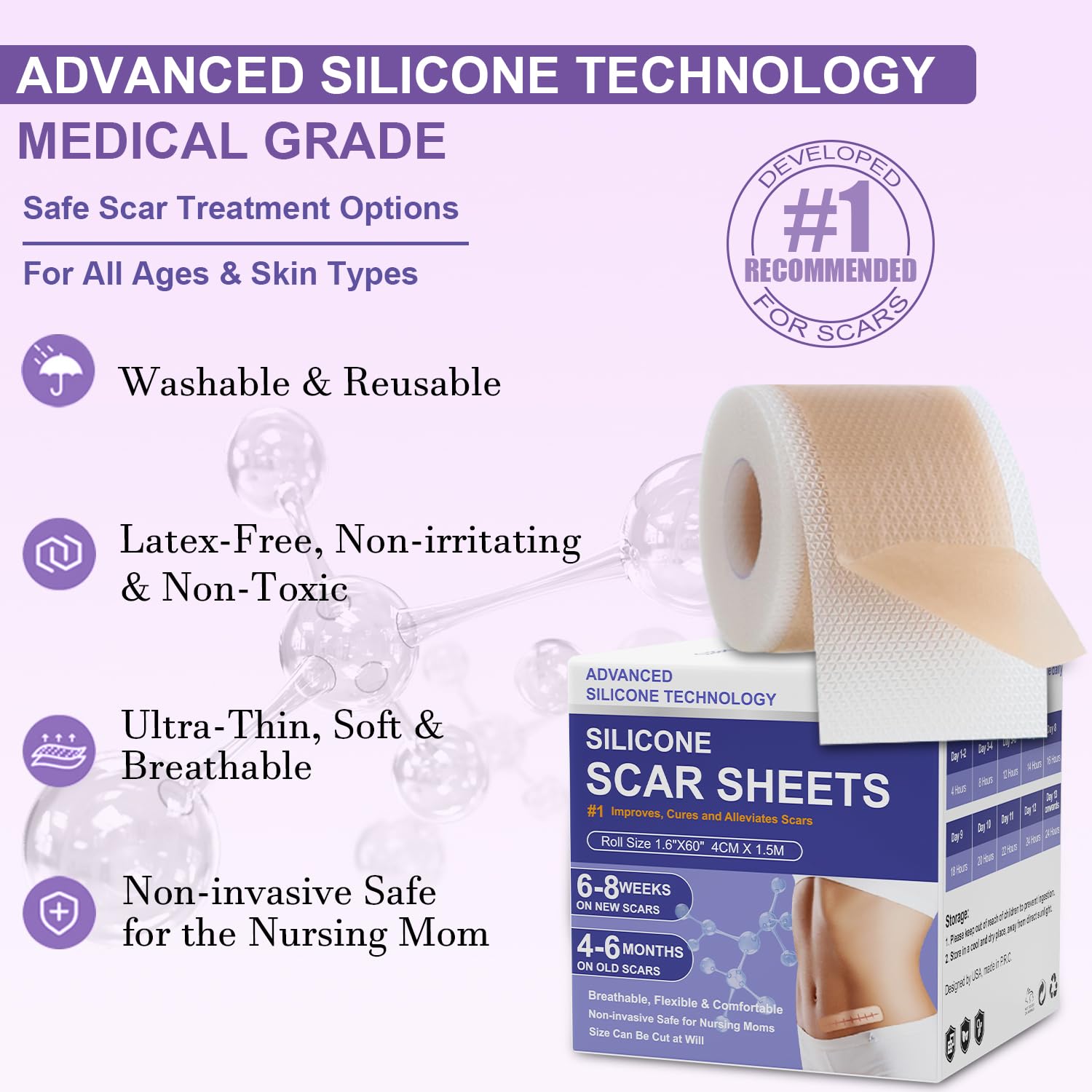 1.6"x 60" Silicone Scar Tape Roll for Surgery, Face, C Section, Burn, Acne Scars - Image 2