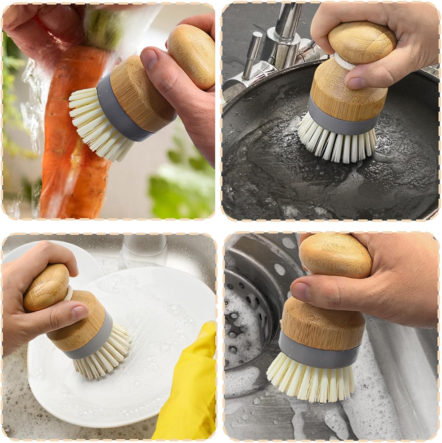 Bamboo Dish Palm Brush Set with Holder - 2 Pack Wooden Scrub Brushes for Kitchen Cleaning - Image 4