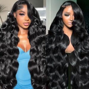 32 Inch Body Wave Lace Front Wigs Human Hair 220 Density Transparent Lace Frontal Wig 13x6 Lace Front Wigs Human Hair Pre Plucked HD Lace Frontal Long Human Hair Wig for Women with Baby Hair