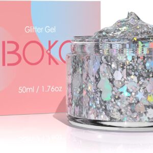 Boko 1.76oz Body Glitter Gel, Holographic Silver Liquid Chunky Glitter Lotion Unicorn Star Sequins for Face Hair and Body Makeup, Halloween Christmas Rave Accessories and Costume - Unicorn Carnival