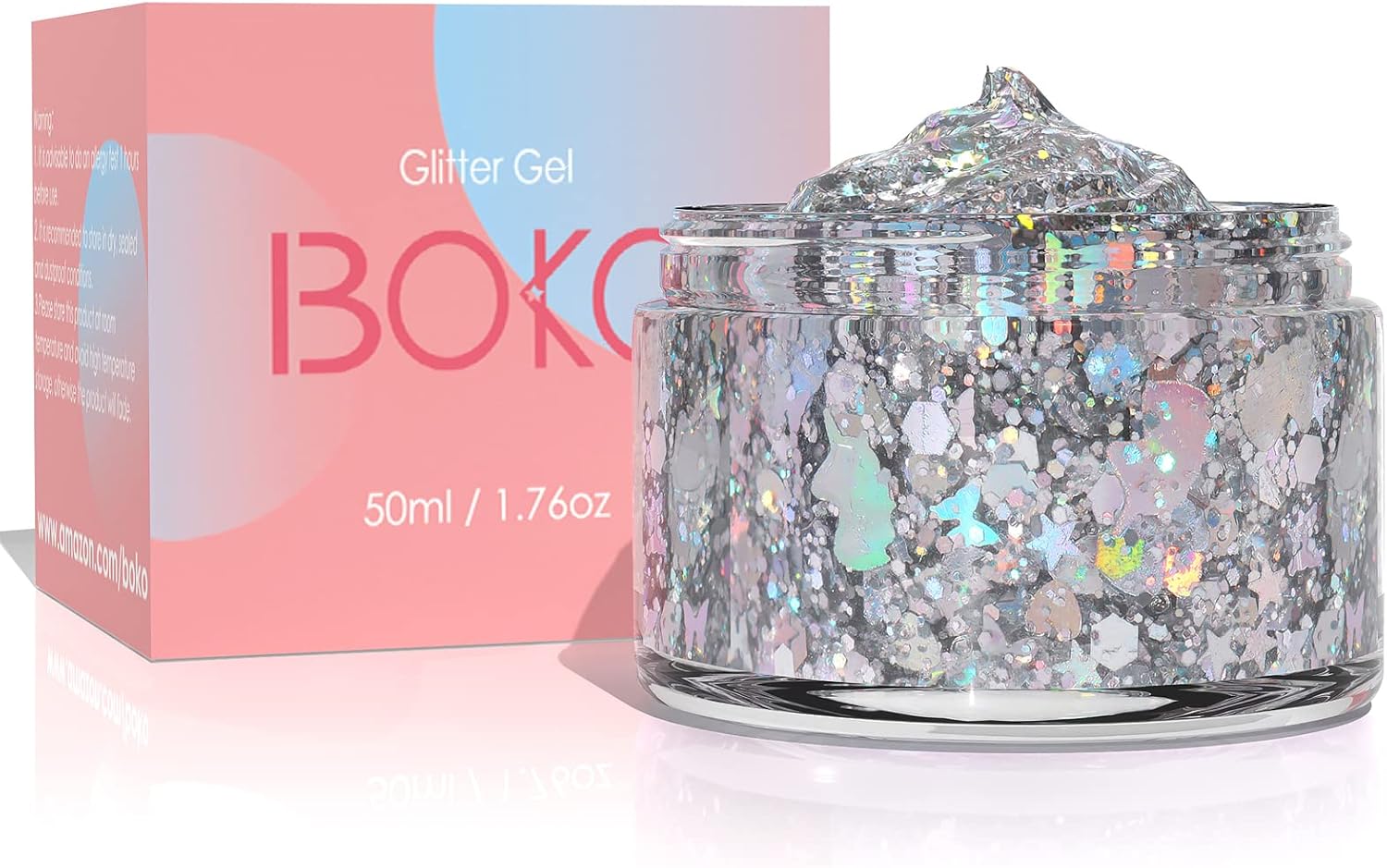 Boko 1.76oz Body Glitter Gel, Holographic Silver Liquid Chunky Glitter Lotion Unicorn Star Sequins for Face Hair and Body Makeup, Halloween Christmas Rave Accessories and Costume - Unicorn Carnival