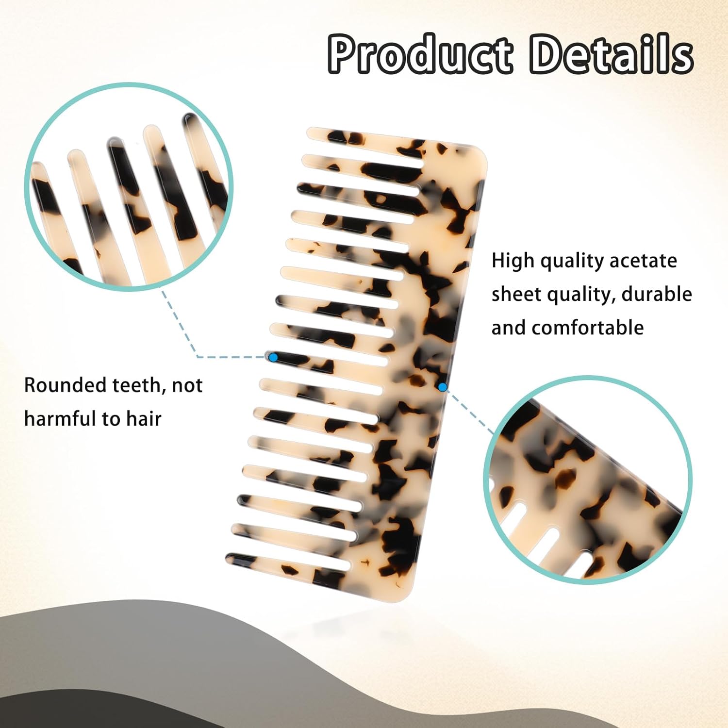 Cellulose Wide Tooth Comb Set 6-Inch Detangling Combs for Curly Thick Hair 2 Piece Tortoise Shell Ivory - Image 2