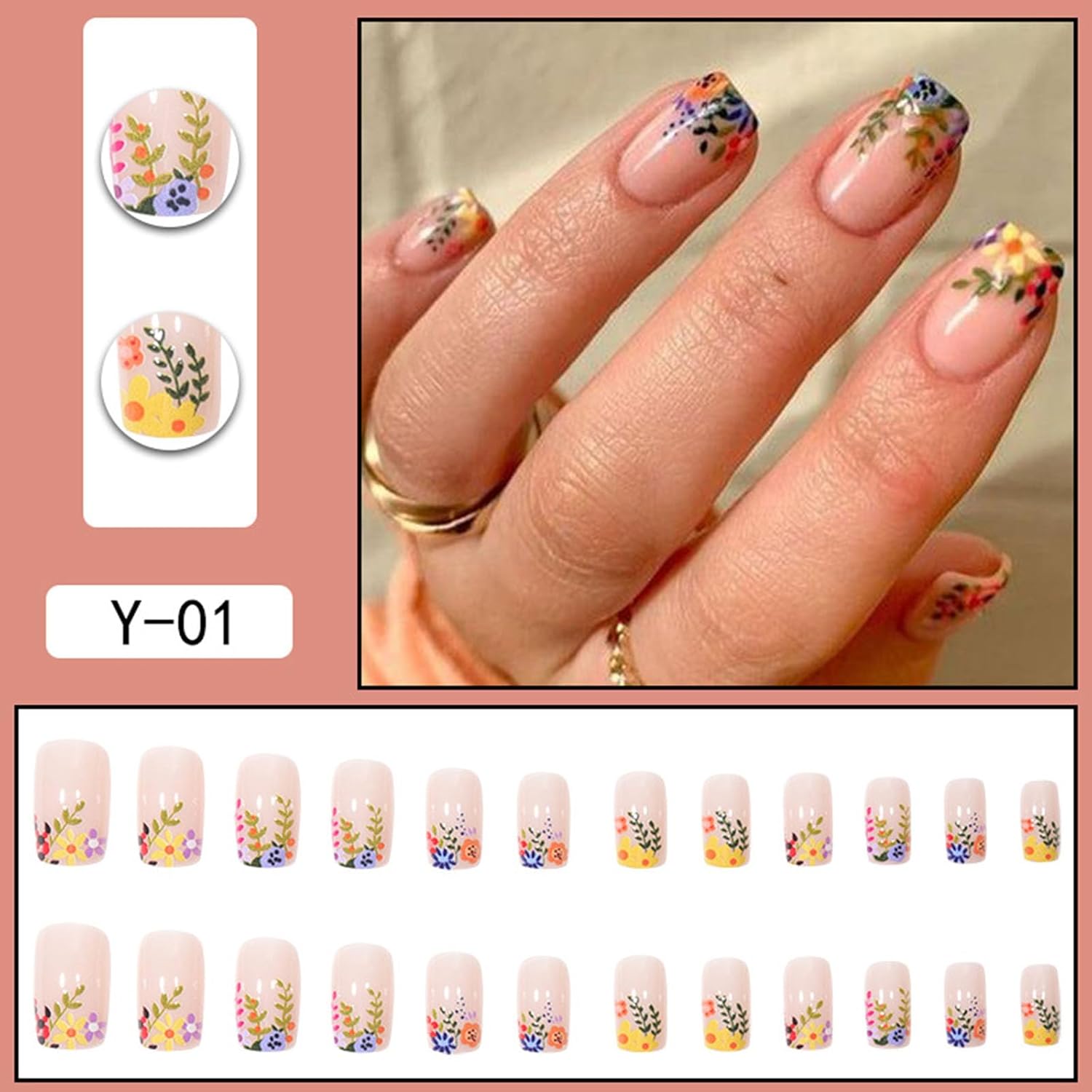 Glossy Flower Design Short Square Press on Nails - 24 Pcs Nude Artificial Full Cover Nails - Image 5