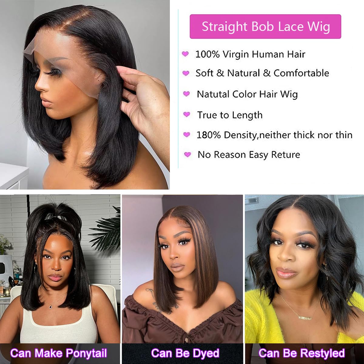 12 Inch 180% Density Straight Short Human Hair 13x6 Lace Front Bob Wig - Image 4