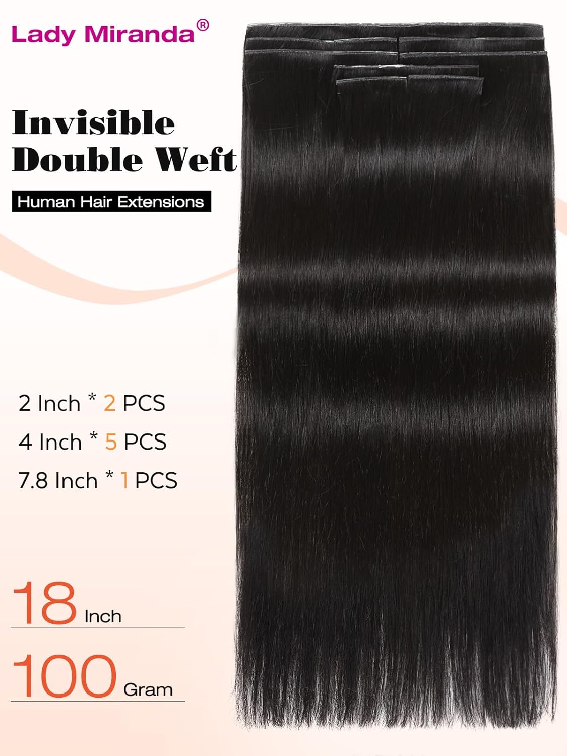 Lady Miranda 18 Inch 100G Black Double Sided Invisible Weft Real Human Hair Extensions - Image 3