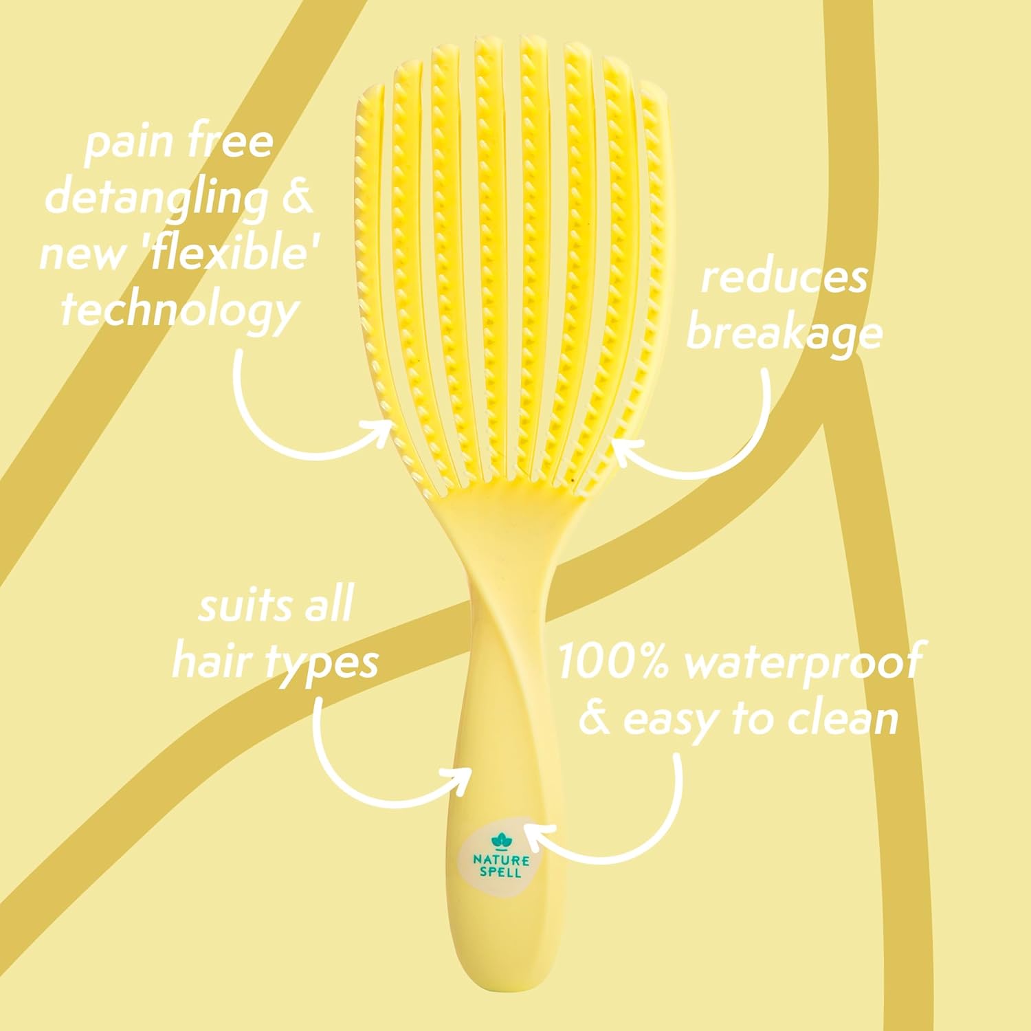 Nature Spell FlexiFlow Detangling Hair Brush All Hair Types Wet Dry Use Yellow - Image 2
