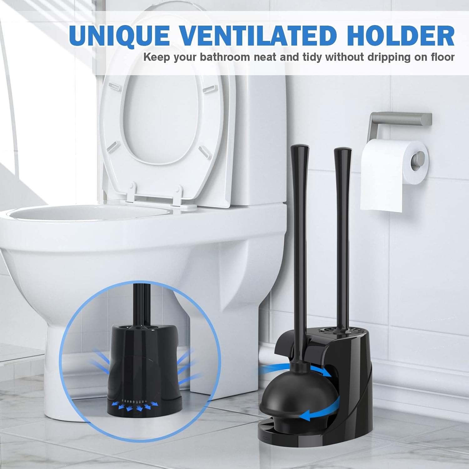 Black 2-in-1 Toilet Plunger and Brush Combo Set with Holder for 5.7-inch Drains - Image 6