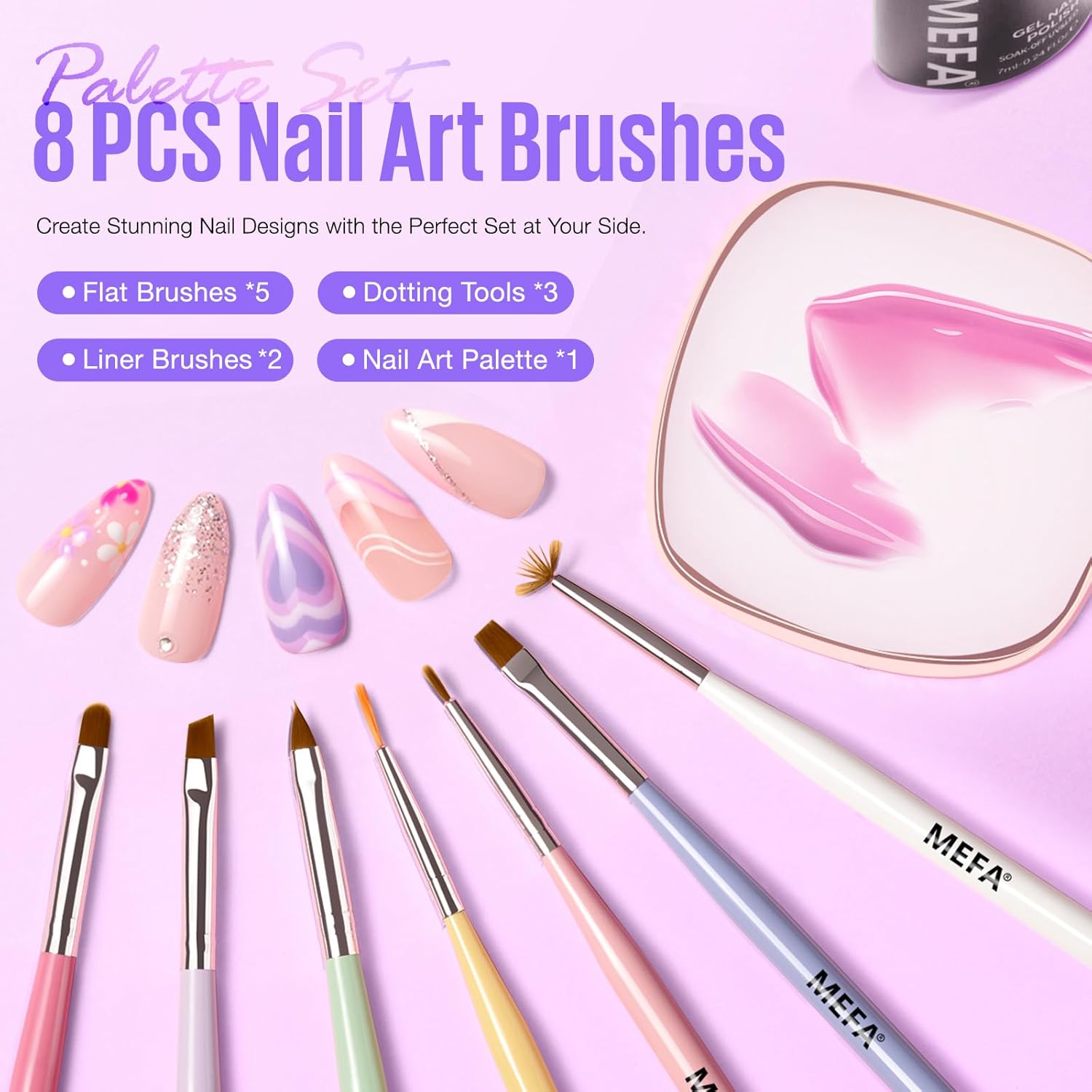 MEFA 8-Piece Nail Art Brush Set for Home Gel Polish and Liner Designs - Image 2