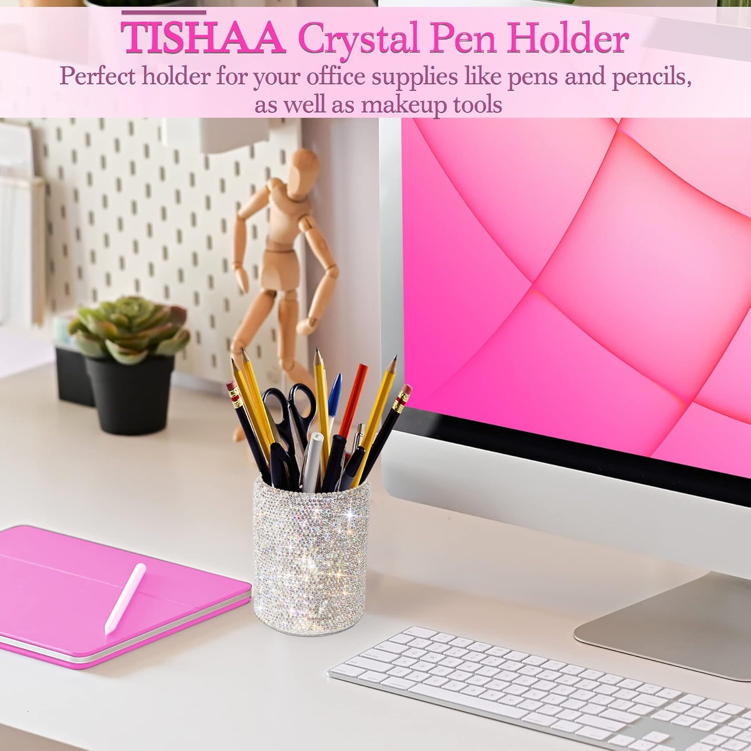 TISHAA Bling Cup Holder Organizer for Office Desk – Rhinestone Glitter Makeup Brush Storage Container - Image 7