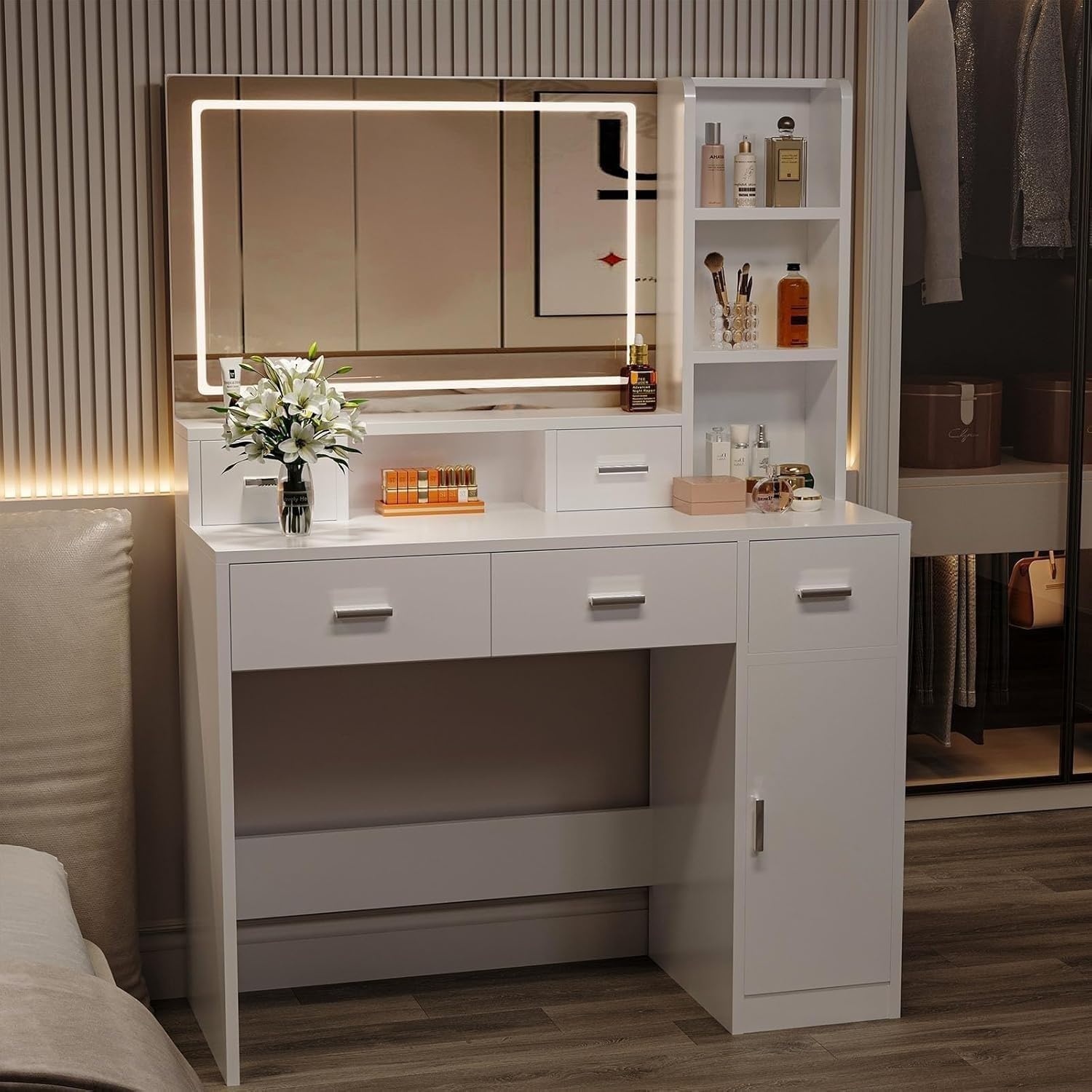 Vanity Desk with Mirror and Soft Lighting, Makeup Vanity with Drawers for Bedroom (White) - Image 4