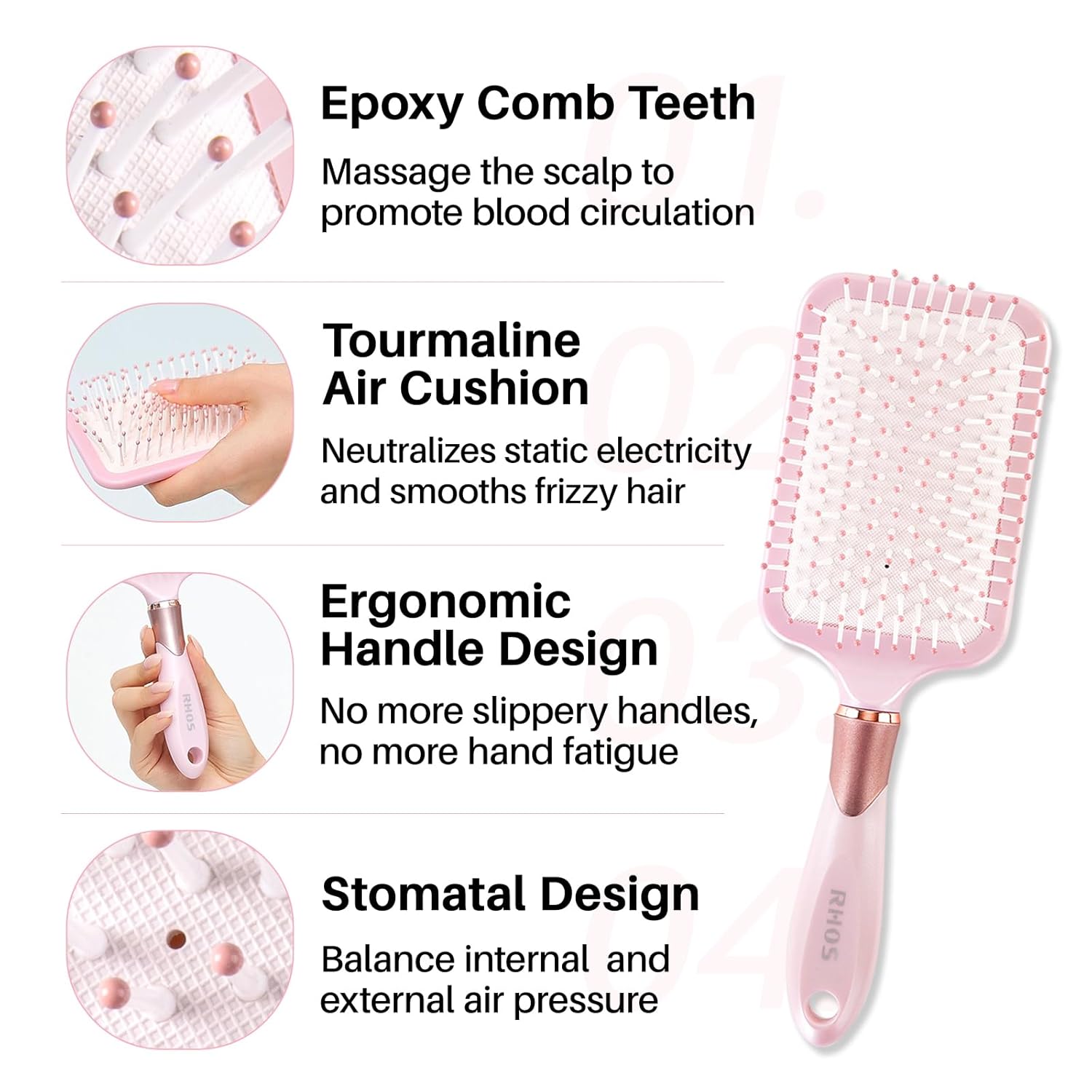 RHOS Paddle Brush for Thick, Curly, Long Hair - Detangler with Nylon Bristles - Pink - Image 4