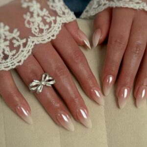 Ombre Pink Glazed Donut Press on Nails Almond Gradient Coral Pink Chrome Nails Press ons for Women Thick Aurora Glue on Nails Medium Length Reflective Mirror Acrylic Nails Light Weight & Fit Perfectly