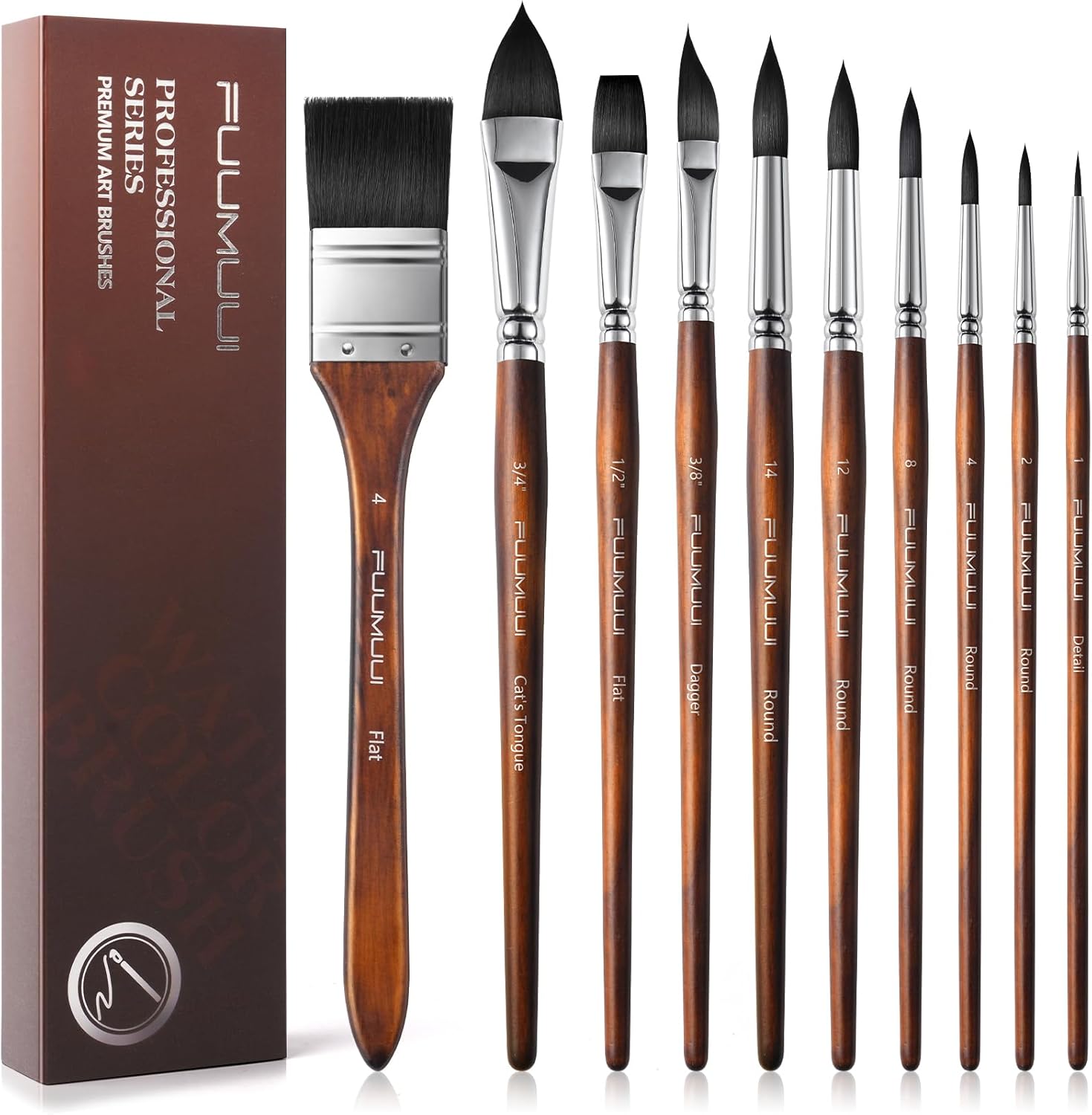 Watercolor Brushes Professional, Fuumuui 10Pcs Synthetic Squirrel Hair Paint Brush Set for Artists with Wide Flat, Round, Detail, Dagger, Cat's Tongue for Watercolor Gouache Inks Painting