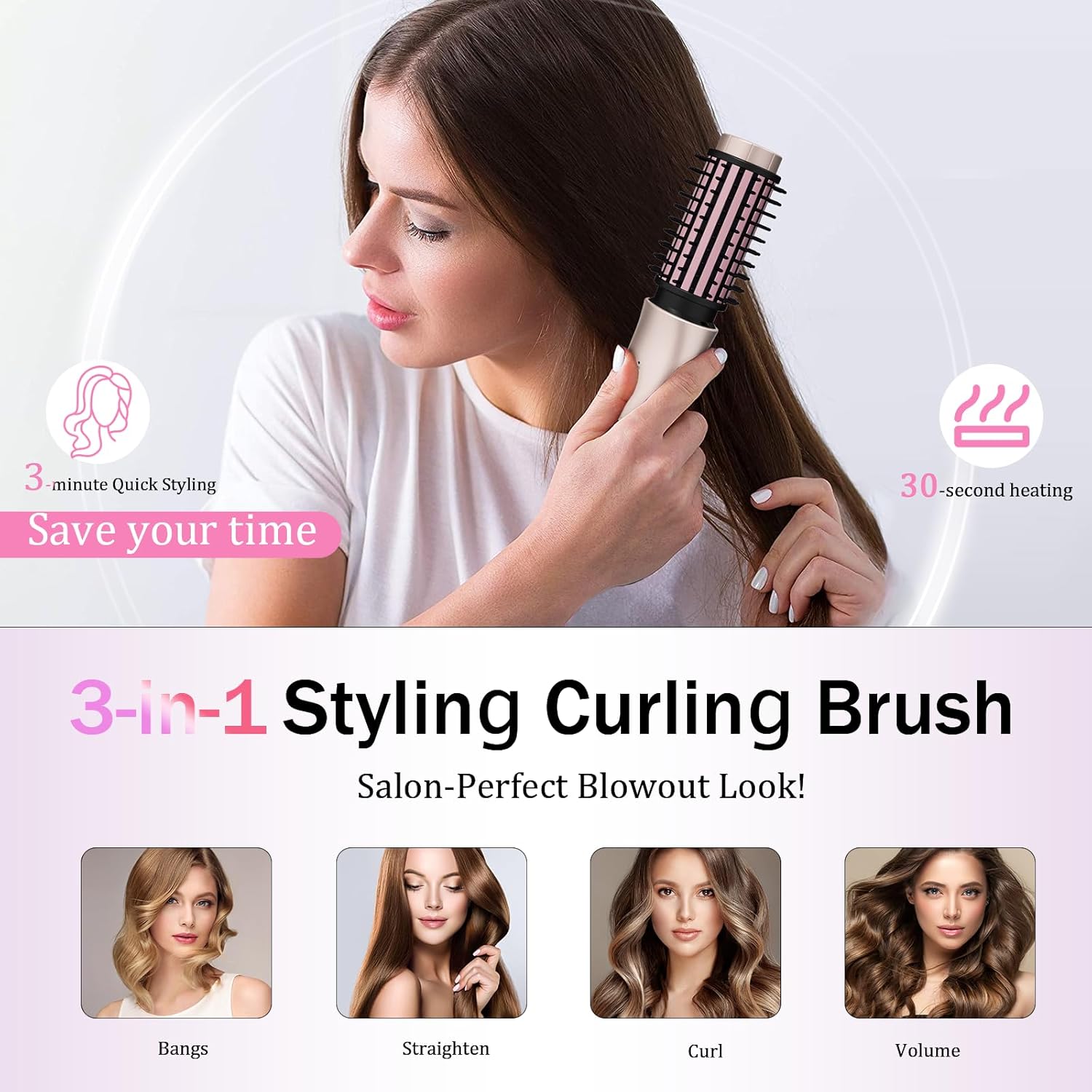 Portable Mini 3-in-1 Cordless Hair Curling Iron Brush with 7000mAh Battery, Blush Pink - Image 4