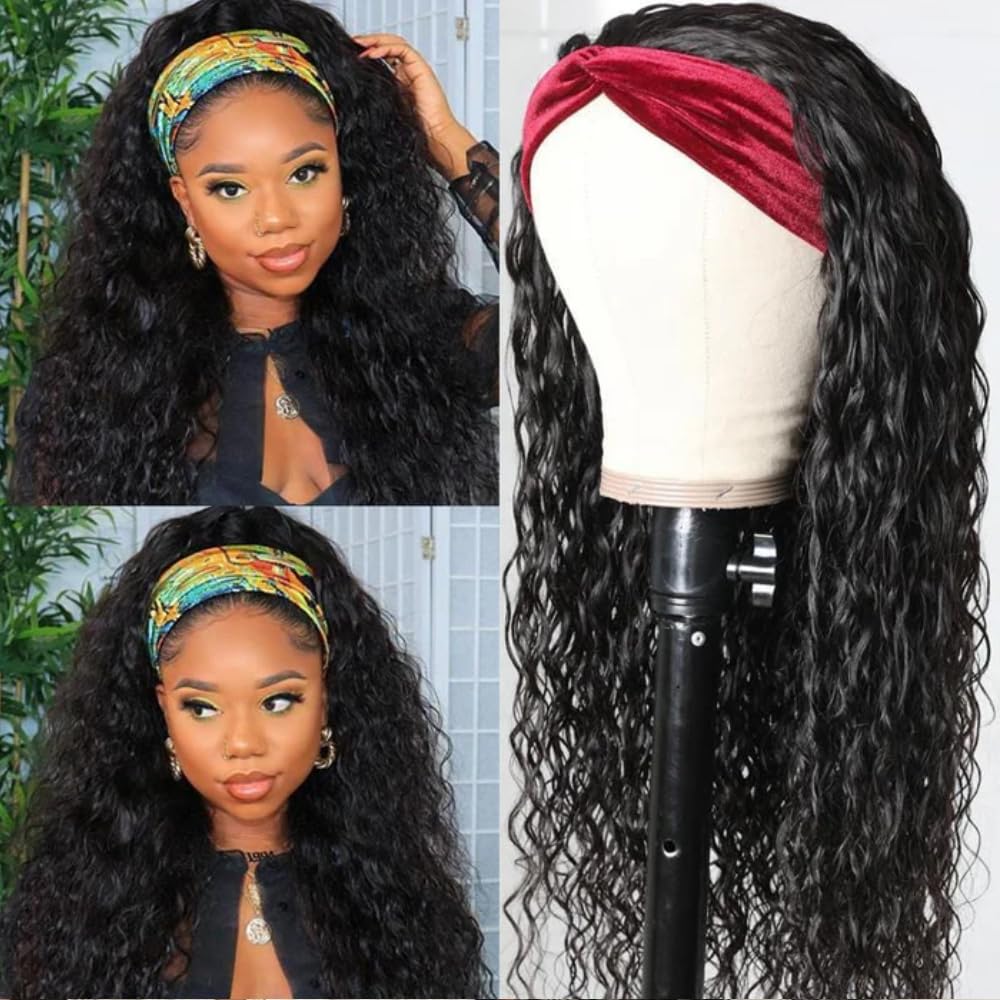 KLAIYI 20-Inch Water Wave Curly Human Hair Headband Wig for Black Women, Beginner Friendly, Medium - Image 9