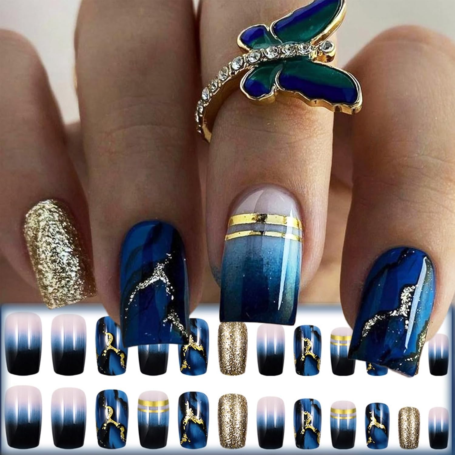 24 Pcs Medium Square Dark Blue Gradient Press on Nails with Gold Glitter Curve Line - Image 5