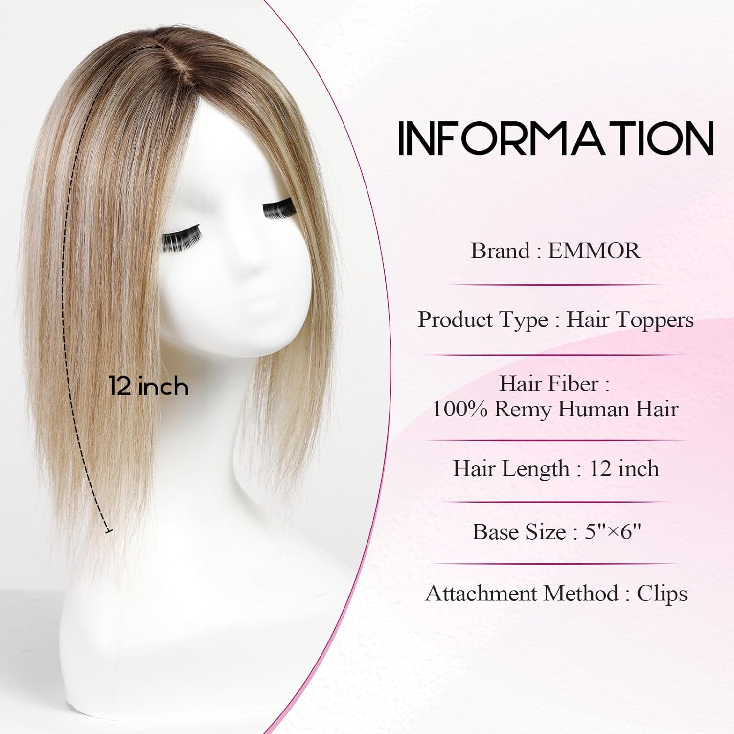 EMMOR 12 Inch Ombre Blonde Human Hair Topper, 5"x6" Big Base for Women - Image 2