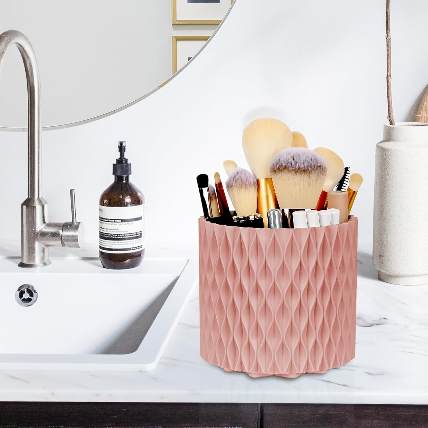 Pink 360 Rotating Makeup Brush Holder, 5 Slots, Vanity Organizer, Classic Style - Image 5