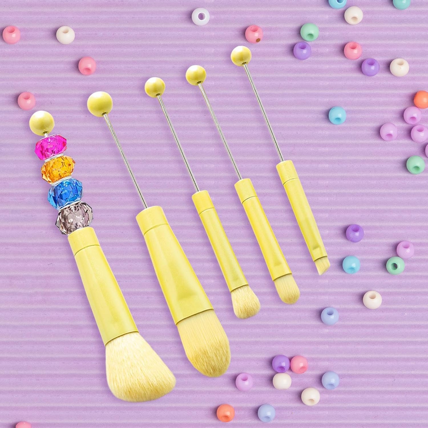 5pc Yellow Beadable Makeup Brush Set with Free Powder Puff, Soft Synthetic Fibers - Image 4