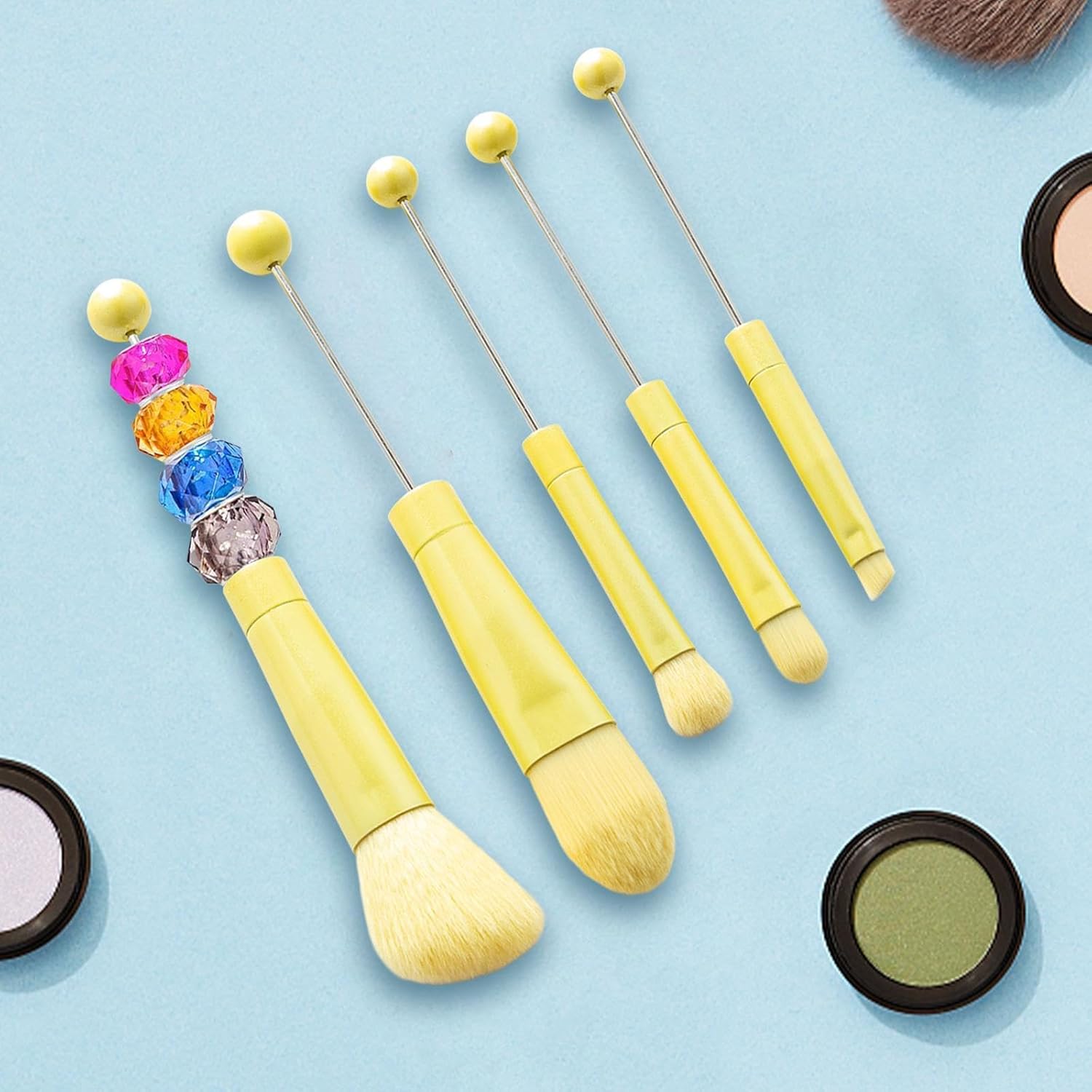 5pc Yellow Beadable Makeup Brush Set with Free Powder Puff, Soft Synthetic Fibers - Image 3