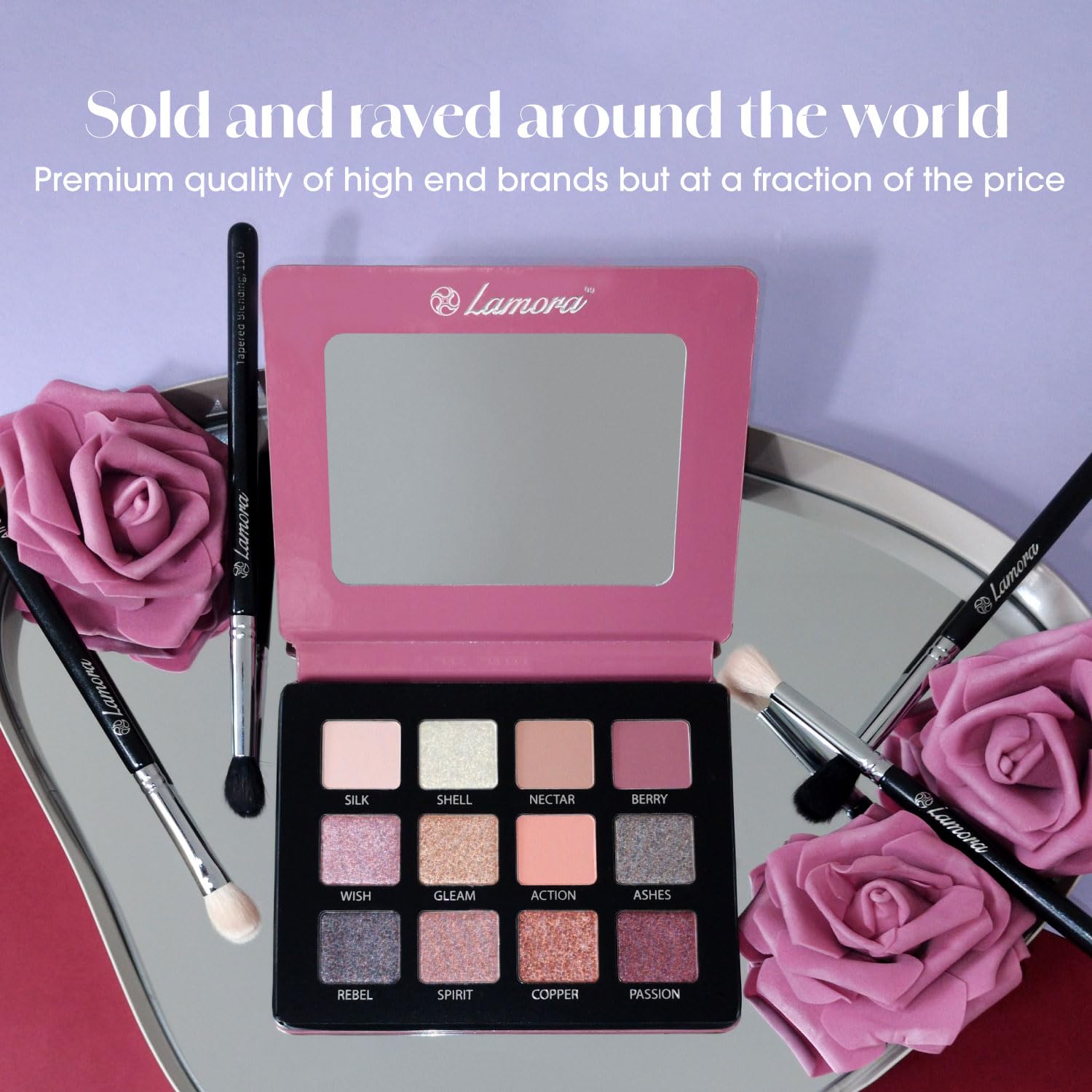 Lamora Nude Pink Eyeshadow Palette 12 Rose Pigmented Shimmer Matte Shades Compact Mirror - Image 3