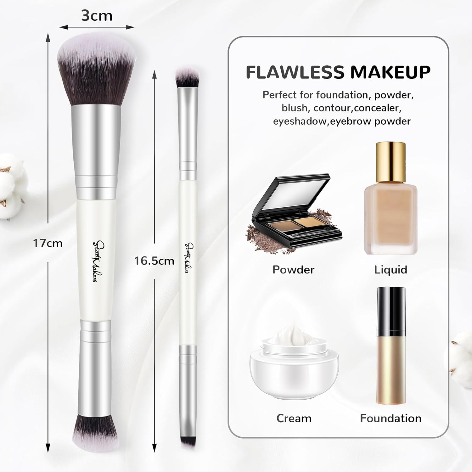 START MAKERS 2-in-1 White Dual-Ended Foundation Concealer Brush Set for Liquid Powder Makeup - Image 5
