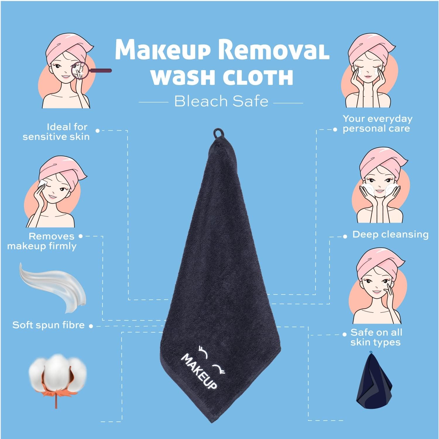 White Classic Bleach Safe Black Makeup Washcloths, 12 Pack, Soft Cotton, 13 x 13 Inches - Image 6